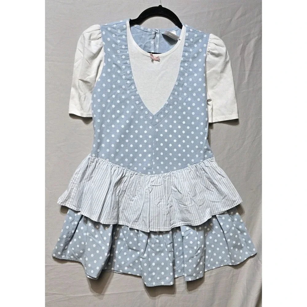 Vintage Girls Dress 14‎ Blue London Girl Dots Striped Ruffles